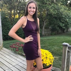 Dark purple mesh top high neck mini dress